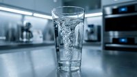 Fresh clean water pouring into clear glass on modern kitchen counter with bubbles and splash creating refreshing drink for healthy hydration lifestyle.