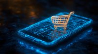 Shopping cart on glowing smartphone screen with digital blue light effect and dark background, representing mobile commerce and online retail technology.