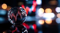 Crystal ball with stock market graph reflection against blurred trading chart background, glowing red and blue bokeh lights creating mystical financial prediction atmosphere.