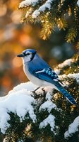Blue jay perched on snow-covered evergreen branch in winter sunlight with warm bokeh background creating peaceful seasonal wildlife scene.