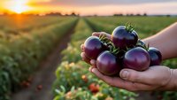 Fresh purple eggplants in farmer hands at sunset over agricultural field rows. Organic vegetable harvest concept for healthy eating and farm produce.