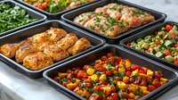 Fresh grilled chicken breasts, roasted salmon fillets, and colorful vegetable medleys in black meal prep containers, showcasing healthy portioned meals for weekly planning.