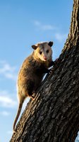 Young opossum climbing tree trunk against blue sky background showcasing natural wildlife behavior and outdoor habitat environment.