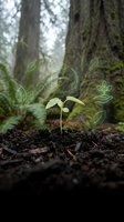 Young green seedling emerging from rich soil in forest with eco-friendly icons representing sustainable growth, environmental conservation and nature protection.