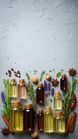 Natural essential oils in glass bottles with herbs spices and aromatherapy ingredients arranged on textured concrete background for wellness spa treatments.