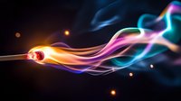 Vibrant colorful smoke waves with glowing light effects on dark background, flowing abstract design elements in orange, pink, and blue tones create dynamic motion.