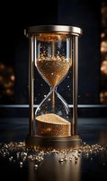 Elegant golden hourglass with flowing sand particles on dark surface, symbolizing time passage, deadline management, and temporal concepts for business.