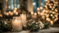 Glowing candles in mason jars surrounded by pine branches on rustic wooden surface with festive bokeh lights in background.