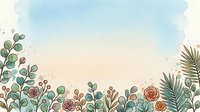 Soft watercolor background with botanical border of roses, eucalyptus, and palm leaves in pastel tones, perfect for cards and invitations.