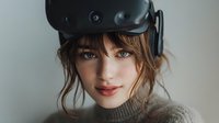 Young Caucasian woman wearing virtual reality headset with soft brown hair and natural makeup against neutral background, ready for digital experience.