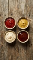 Four small bowls with different condiment sauces including ketchup, mustard, mayonnaise and barbecue sauce arranged on rustic wooden background for cooking.