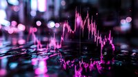 Financial market data visualization with neon pink trading chart reflection on dark surface amid blurred city lights creating dynamic modern aesthetic appeal.