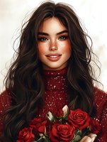 Young woman with long dark wavy hair wearing red turtleneck sweater holding bouquet of red roses. Warm winter fashion portrait with glowing skin and natural makeup.