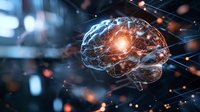 Glowing digital brain with neural network connections against dark background, representing artificial intelligence and cognitive science.