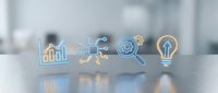 Business innovation concept with glowing icons representing growth analytics, network connections, global communication and creative ideas on modern office desk.