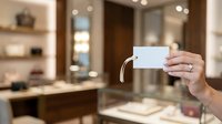 Woman holding blank white business card in luxury jewelry store with display cases and mirrors in background.