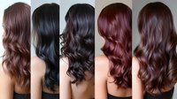 Five women displaying different hair color shades from dark black to warm brown tones with flowing wavy hairstyles for beauty salon color chart reference.
