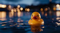 Yellow rubber duck floating in dark water with blurred city lights creating magical bokeh reflections at dusk, nostalgic bath toy against moody evening atmosphere.
