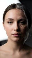 Young woman with vitiligo skin condition showing natural beauty and diversity in portrait photography for skincare and medical awareness campaigns.