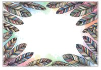 Ornate feathers with intricate patterns and vibrant colors arranged in a decorative border frame around white space, isolated on transparent background for design projects.