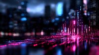 Futuristic cityscape with neon pink and blue lights reflecting on water surface, creating dynamic urban nightscape with glowing skyscrapers and digital effects.