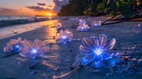 Glowing blue flower lights scattered along sandy beach at sunset create magical atmosphere with ocean waves and tropical palms in background.