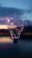 Glowing light bulb composed of luminous particles and sparkles against blurred sunset background, creating magical atmosphere of innovation and creativity.