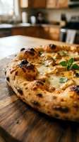 Freshly baked pizza with charred crust and melted cheese on wooden board in modern kitchen, ready for serving and dining at home or restaurant.