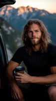Young Caucasian man with long wavy hair and beard holding coffee cup while sitting in car during sunset in mountains. Adventure lifestyle portrait with warm evening light.