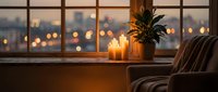 Cozy living room interior with candles and plant on windowsill overlooking blurred city lights at sunset, creating warm atmospheric home decor ambiance.