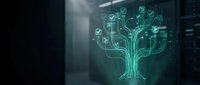Glowing digital tree with circuit board branches and check mark icons in a dark server room, symbolizing data network and technology growth.