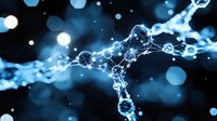 Glowing molecular structure with blue light effects on dark background shows scientific concept of DNA chain, neural network, or chemical bonds.