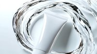 White cosmetic tube with dynamic water splash swirl on light background, luxury skincare product presentation for beauty and personal care advertising.