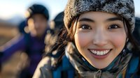 Happy young woman with braided hair wearing gray knit beanie and blue jacket smiles at camera outdoors during golden hour with blurred male companion in background.