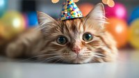 Adorable fluffy orange tabby cat wearing colorful party hat with festive bokeh lights background for birthday celebration and holiday greeting cards.