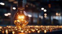 Glowing light bulb filled with golden liquid against blurred dark background with scattered coins, symbolizing bright financial ideas and investment concepts.