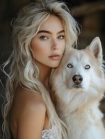 Young Caucasian woman with long platinum blonde hair and natural makeup poses with white Siberian Husky dog. Intimate portrait showing connection between human and pet.