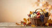 Autumn harvest basket filled with pumpkins, gourds and seasonal fruits surrounded by colorful fall leaves and pine cones on rustic wooden table.