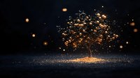 Magical glowing tree with luminous orange particles and light orbs against dark background, creating ethereal atmosphere for fantasy and spiritual designs.