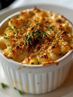 Creamy baked macaroni and cheese topped with golden breadcrumbs and fresh herbs in white ceramic ramekin, close-up view showing melted cheese and crispy topping.