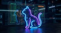 Futuristic holographic cat silhouette with neon purple glow surrounded by digital interface screens and data displays in cyberpunk technology environment.