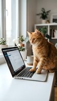 Orange tabby cat sitting on white desk next to open laptop computer in bright modern home office with plants and natural window light for remote work concept.