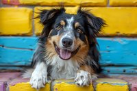 Happy Australian Shepherd dog with tricolor coat lying on colorful yellow and blue wall background, showing friendly expression and tongue out.