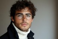 Young Caucasian man with curly dark hair and glasses wearing white turtleneck sweater and black jacket looking thoughtfully at camera in natural lighting.