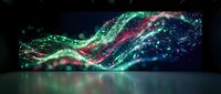 Digital wave of glowing particles flowing across dark background, representing data stream, technology innovation, and futuristic network connectivity for tech presentations.