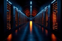 Modern data center corridor with glowing server racks illuminated by blue and orange lights creating dramatic perspective along reflective floor surface.