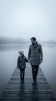 Adult male and young child walking hand in hand on wooden dock over misty lake, wearing winter coats and hats in moody, atmospheric setting for family bonding concepts.
