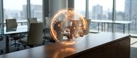 Glowing brain hologram with neural networks floating above modern office desk with city skyline view through windows representing artificial intelligence and innovation.