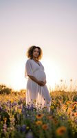 Pregnant African American woman in white dress standing in wildflower field at golden hour sunset, maternity photography concept for expecting mothers.