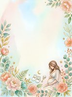 Pregnant woman with long brown hair sitting in profile, surrounded by watercolor floral border with peonies, roses, and botanical elements, pastel background with stars and moon, isolated design for nursery decor, baby shower invitations, greeting cards, and maternity-themed projects.